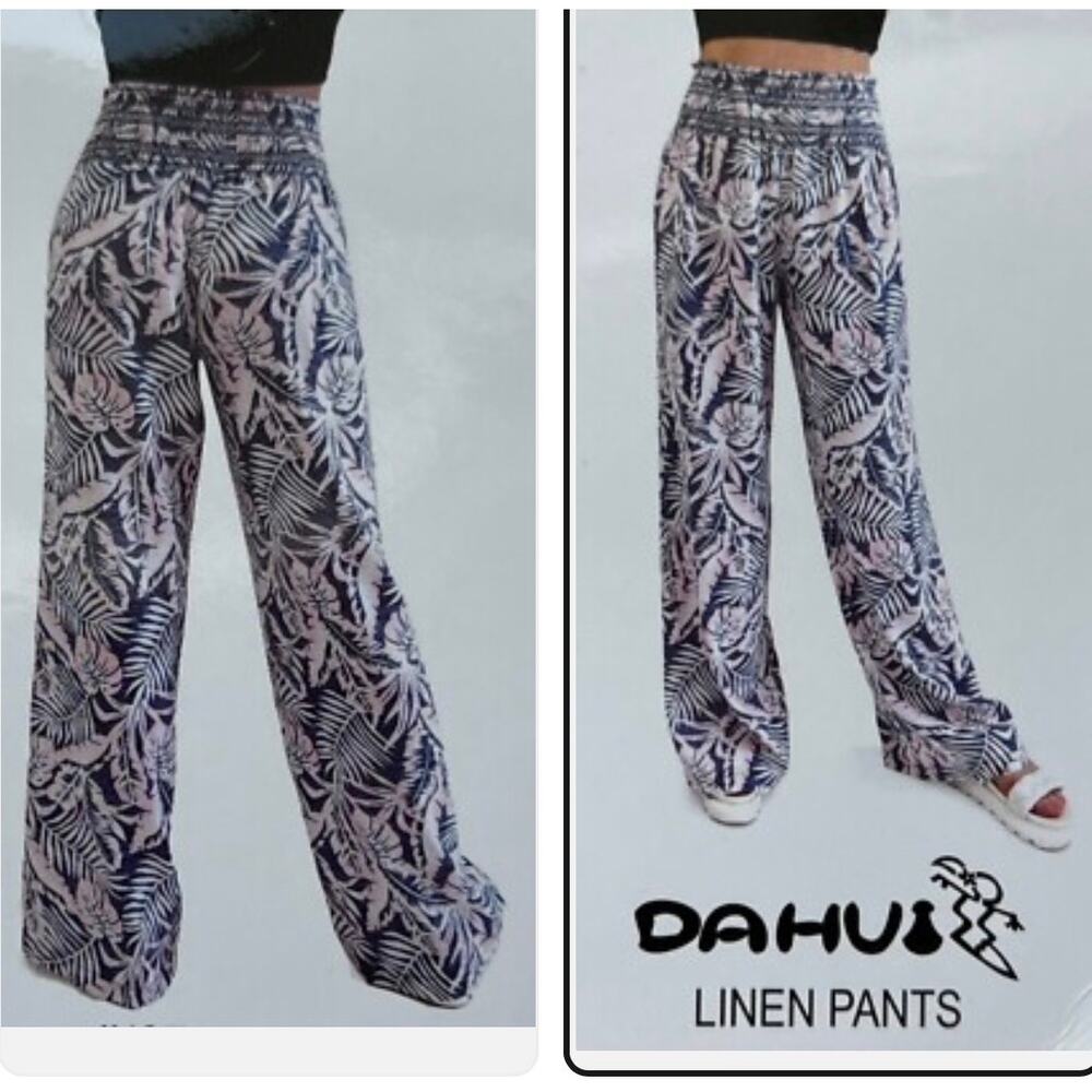 Dahui Pants Wide Leg Linen Blend Tropical Blue Pink Floral Smocked Waist Size M